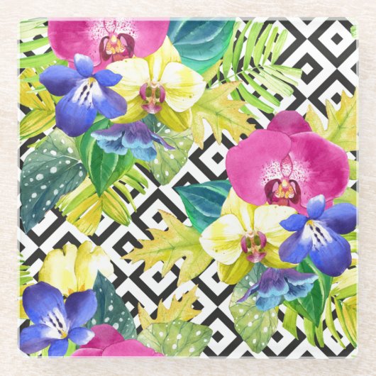 Orchideen-Begonie und Palmblätter Glasuntersetzer (Vorderseite)