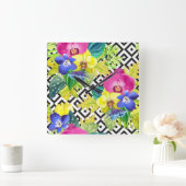 Orchideen-Begonie und Palmblätter Quadratische Wanduhr (Zuhause)