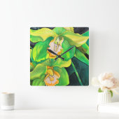 Orchideen-Blume, grün und gelb Quadratische Wanduhr (Zuhause)