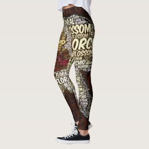 Orchideen-Blumenblüten-Wort-Wolke über Burgunder Leggings