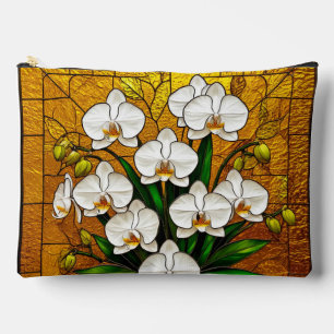 Orchideen in einem Bleiglas-Kunstwerk mit Gold Zubehörtasche