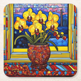 Orchideen in Vase auf Fensterbrett 4 Rechteckiger Pappuntersetzer