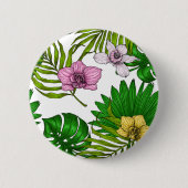 Orchideen und Blätter aus Palmen, rosa, gelb, grün Button (Vorderseite)