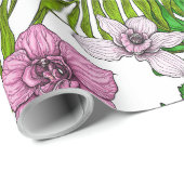 Orchideen und Blätter aus Palmen, rosa, gelb, grün Geschenkpapier (Rolleneckpunkt)