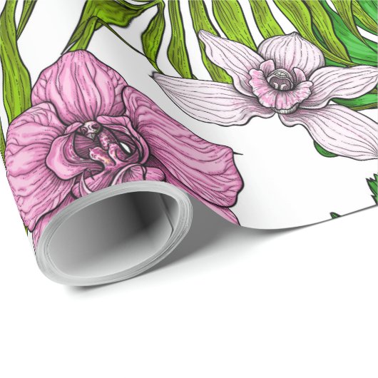 Orchideen und Blätter aus Palmen, rosa, gelb, grün Geschenkpapier (Rolleneckpunkt)