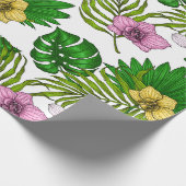 Orchideen und Blätter aus Palmen, rosa, gelb, grün Geschenkpapier (Ecke)