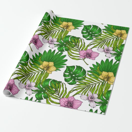 Orchideen und Blätter aus Palmen, rosa, gelb, grün Geschenkpapier (Ungerollt)