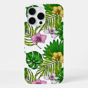 Orchideen und Blätter aus Palmen, rosa, gelb, grün iPhone 16 Pro Max Hülle