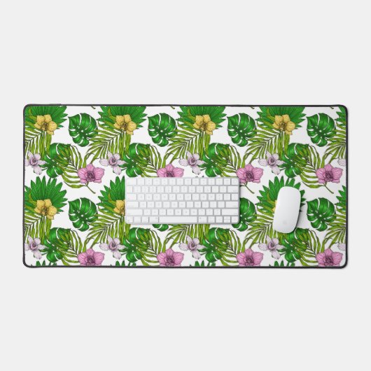 Orchideen und Blätter aus Palmen, rosa, gelb, grün Schreibtischunterlage (Tastatur & Maus)