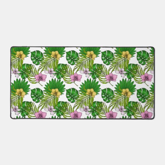 Orchideen und Blätter aus Palmen, rosa, gelb, grün Schreibtischunterlage (Vorderseite)