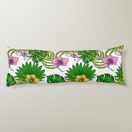 Orchideen und Blätter aus Palmen, rosa, gelb, grün Seitenschläferkissen (Rückseite)