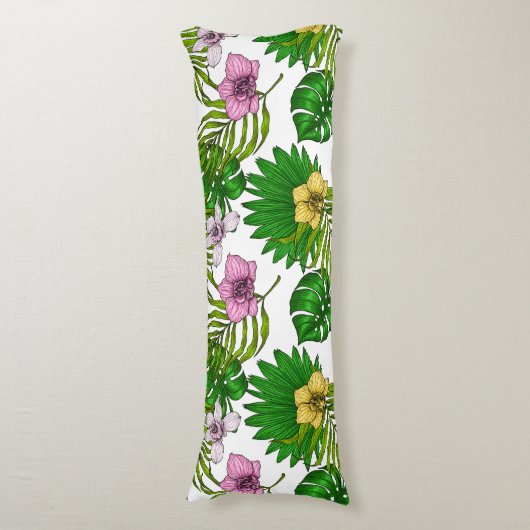 Orchideen und Blätter aus Palmen, rosa, gelb, grün Seitenschläferkissen (Vorderseite Vertikal)