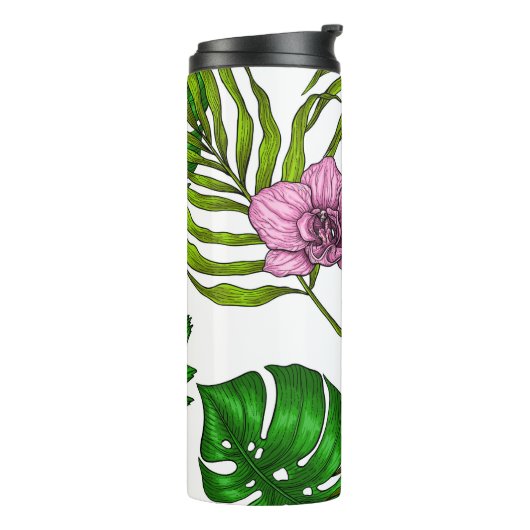 Orchideen und Blätter aus Palmen, rosa, gelb, grün Thermosbecher (Nach links gedreht)