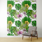 Orchideen und Blätter aus Palmen, rosa, gelb, grün Wandteppich (Beispiel)