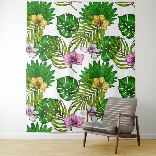 Orchideen und Blätter aus Palmen, rosa, gelb, grün Wandteppich (Beispiel)