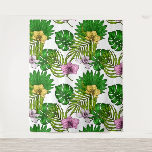 Orchideen und Blätter aus Palmen, rosa, gelb, grün Wandteppich (Vorderseite)