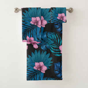 Orchideen und Blätter aus Palmen, rosa und blau au Badhandtuch Set