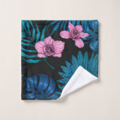 Orchideen und Blätter aus Palmen, rosa und blau au Badhandtuch Set (Waschlappen)