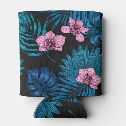 Orchideen und Blätter aus Palmen, rosa und blau au Dosenkühler (Rückseite)