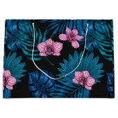 Orchideen und Blätter aus Palmen, rosa und blau au Große Geschenktüte (Vorderseite)