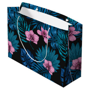 Orchideen und Blätter aus Palmen, rosa und blau au Große Geschenktüte