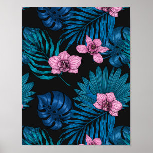 Orchideen und Blätter aus Palmen, rosa und blau au Poster
