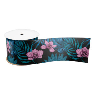 Orchideen und Blätter aus Palmen, rosa und blau au Satinband