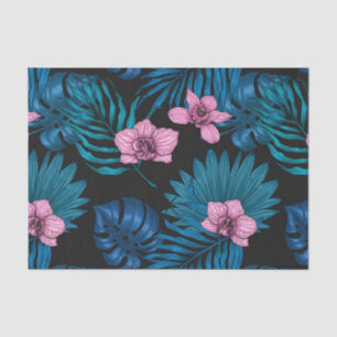Orchideen und Blätter aus Palmen, rosa und blau au Seidenpapier