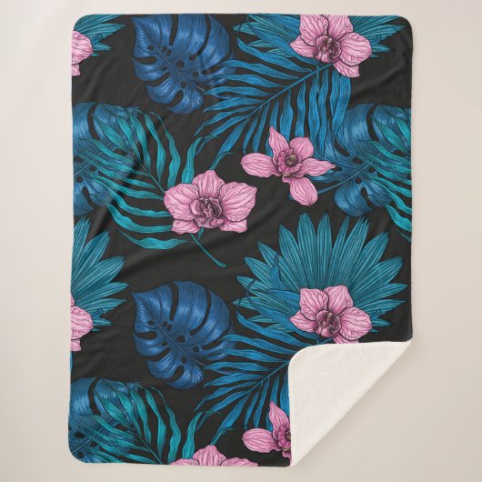 Orchideen und Blätter aus Palmen, rosa und blau au Sherpadecke (Vorderseite)