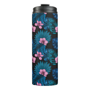 Orchideen und Blätter aus Palmen, rosa und blau au Thermosbecher