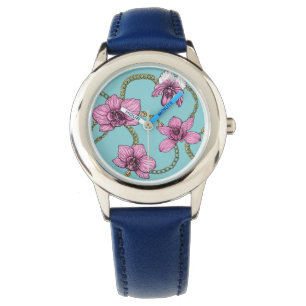 Orchideen und Ketten, rosa und blau Armbanduhr