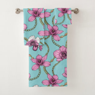 Orchideen und Ketten, rosa und blau Badhandtuch Set