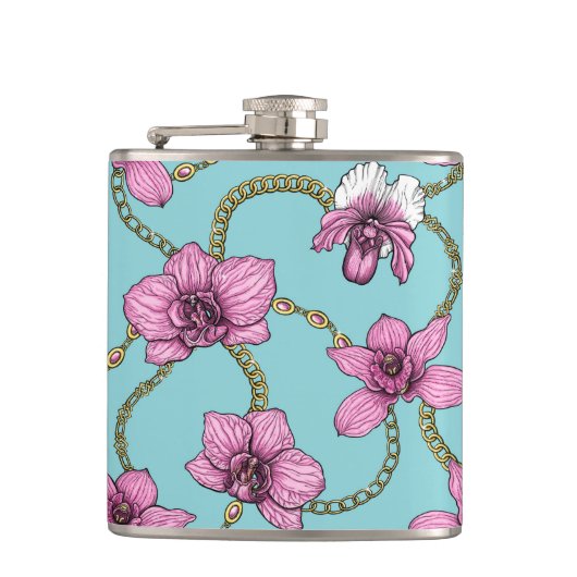 Orchideen und Ketten, rosa und blau Flachmann (Vorderseite)