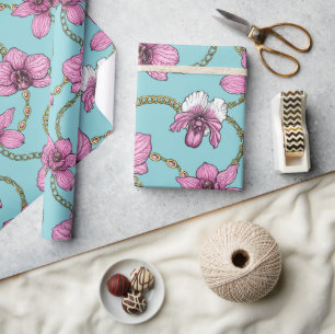Orchideen und Ketten, rosa und blau Geschenkpapier