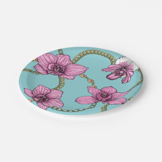 Orchideen und Ketten, rosa und blau Pappteller (Schrägansicht)