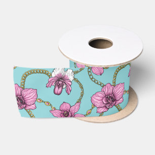 Orchideen und Ketten, rosa und blau Satinband