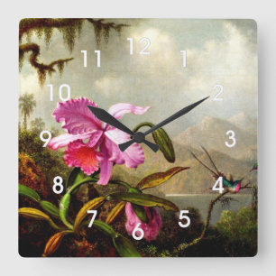 Orchideen und Kolibris in der Nähe eines Bergsees Quadratische Wanduhr