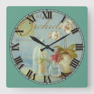 Orchideen und römische Zahlen Quadratische Wanduhr