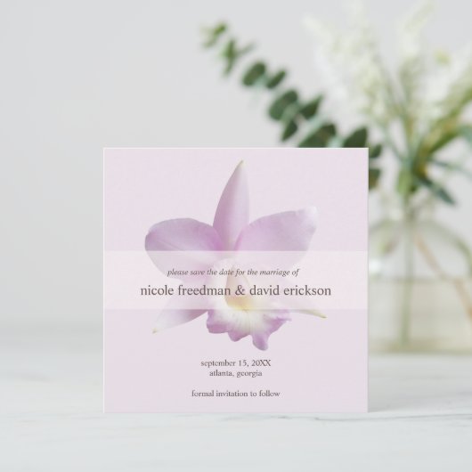 Orchideenblüte violett moderne Hochzeit speichern Save The Date (Stehend Vorderseite)