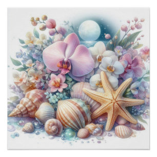 Orchideenblüten und Muscheln Seestern Aquarell Poster