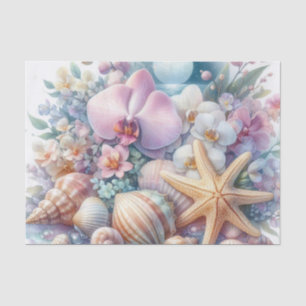Orchideenblüten und Muscheln Seesterne Aquarell Seidenpapier
