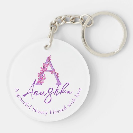 Orchideenfarbe Eine Monogramm Anushka-Name Schlüsselanhänger (Rückseite)
