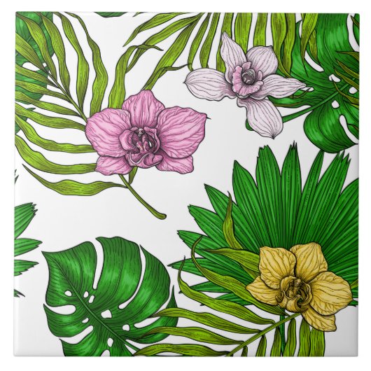 Orchids and palm leaves, pink, yellow, green and w fliese (Vorderseite)