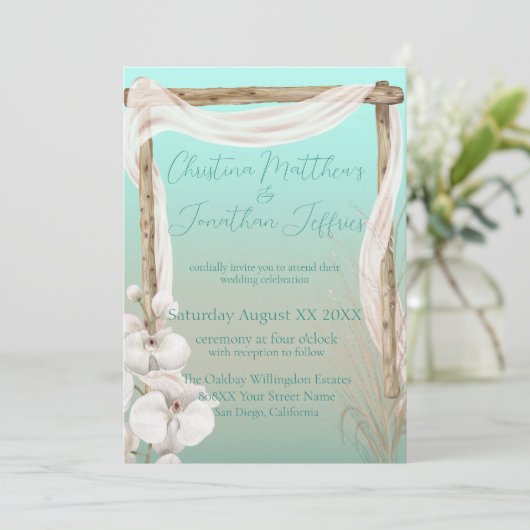 Orchids & Boho Arch auf der Hochzeit am Strand Einladung (Stehend Vorderseite)