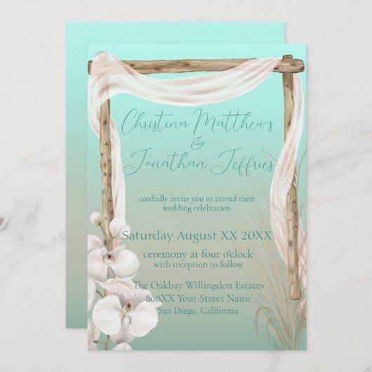 Orchids & Boho Arch auf der Hochzeit am Strand Einladung (Vorne/Hinten)