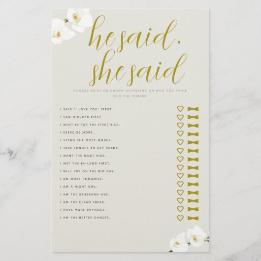 Orchids Brautparty Game Er sagte Ivory Ecru Flyer (Vorne)