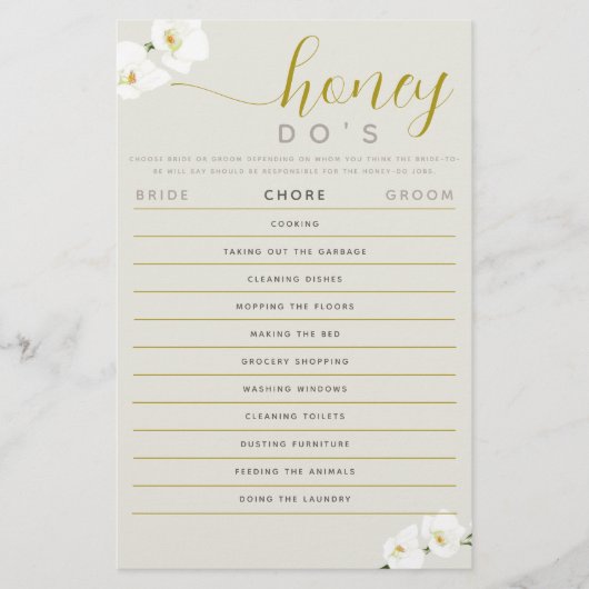 Orchids Brautparty Game Honey Do List Ecru Chic Flyer (Vorne)