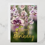 Orchids Tropical Floral Happy Birthday Real Gold Folien Feiertagskarte<br><div class="desc">Blühende Orchideen Blumenstrauß mit Geburtstagstext in anpassbarer Gold-,  Silber- oder Rose-Gold-Folie</div>