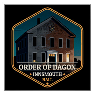 Order of Dagon Hall Innsmouth Vintage Travel Badge Poster