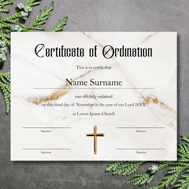Ordinationsministerium (Certificate of ordination white marble background and gold cross)